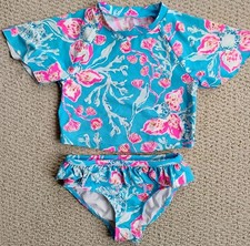 Lilly Pulitzer Blue Floral Two Piece Swimsuit Little Girl Puff Ruffle SIZE 4