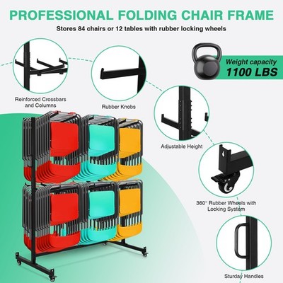Folding Table and Chair Cart with Locking Rubber Wheels 88 Lbs Capacity USA