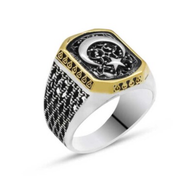 925er Sterling Silber Ay Yıldız, Moon Star, Mond und Stern Ring für Männer 