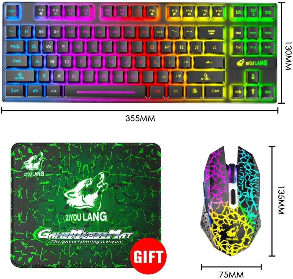Wireless Gaming Keyboard and Mouse Rainbow LED 87 Key for PC MAC Laptop PS4 Xbox - Image 2 of 4