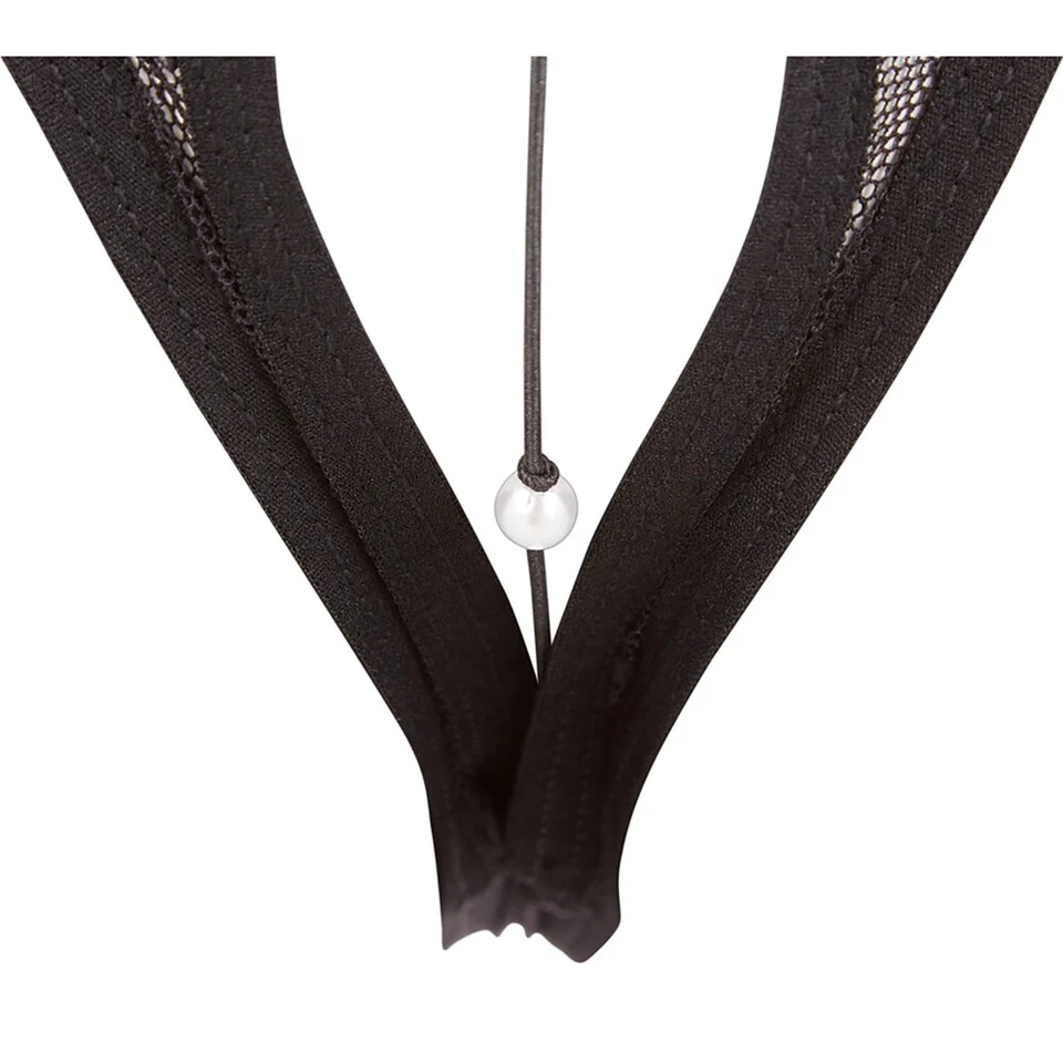 Geschlitztes Offen Tanga String mit Blumen Spitze und Perlen Schwarz - Bild 4 von 4