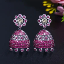 Black Gold Plated Rose Red CZ Flower Dangle Drop Earring Women Ethnic Jewellery