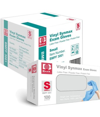 BASIC Medical Disposable Blue Vinyl Synmax Exam Gloves Powder & Latex Free Case