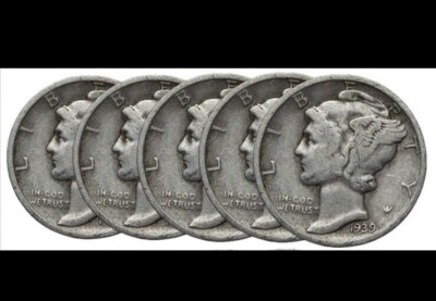 LOT OF 5 SILVER MERCURY DIMES (5 PC. LOT) CIRCULATED FAST FREE SHIPPING!