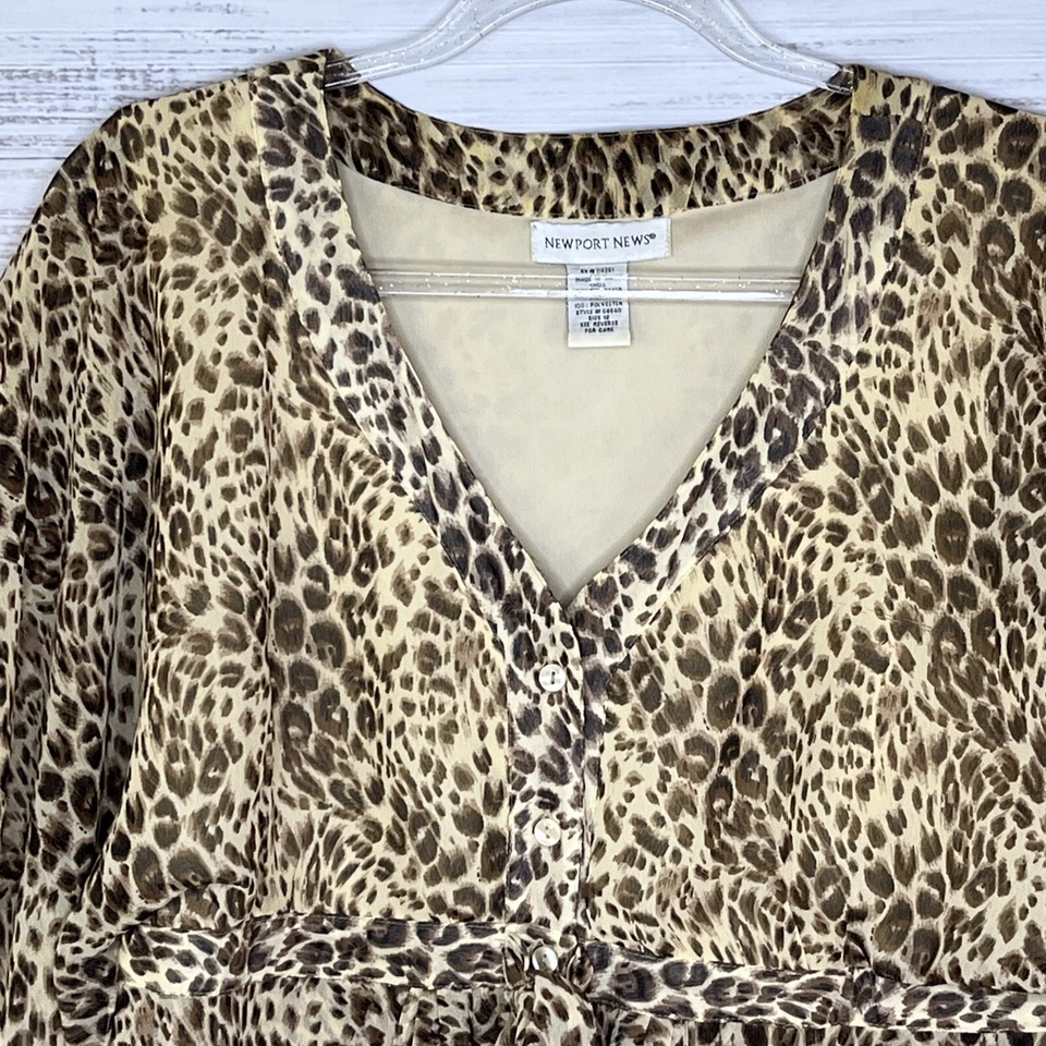 Camisa Newport News Mujer 12 Multicolor Estampado Animal Botón Cuello en V Manga Kimono Foto 3 de 4