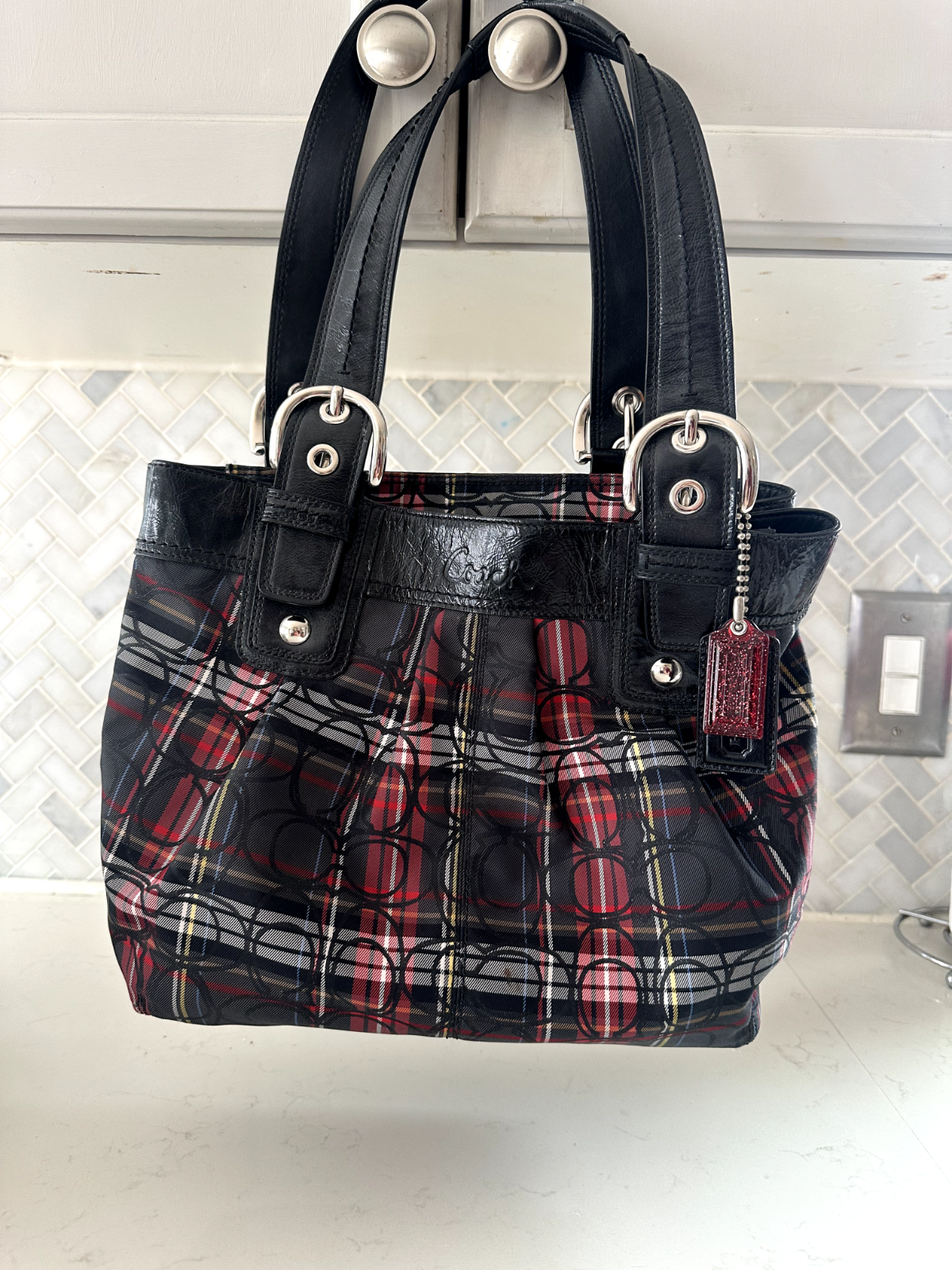 Coach Tartan Poppy Plaid Glitter Tote & Matching Wristlet  