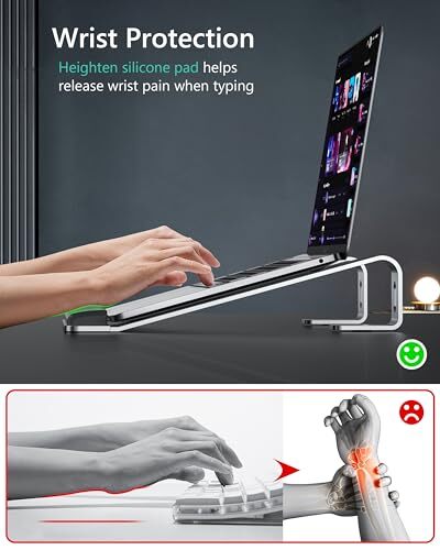 Ergonomic Aluminum Laptop Stand with Wrist Rest Pad, Adjustable Desk Riser for Comfortable Typing, Silver