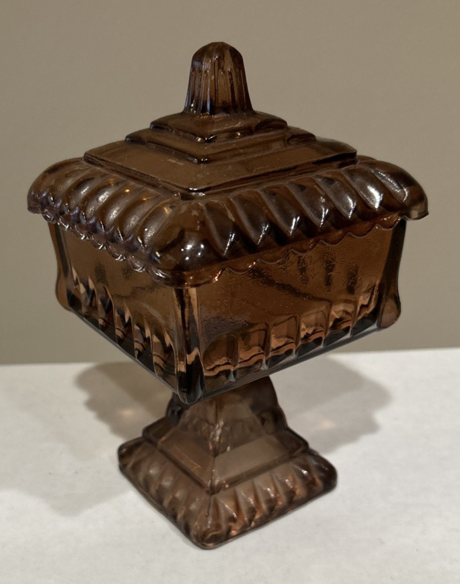 Vintage Jeanette Carnival Glass Wedding Box Dish Brown Rose Pedestal 6.5" + Lid