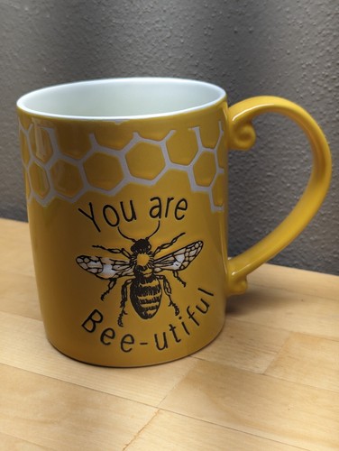 Bee You Are Bee-utiful Coffee Mug Embossed Honey Comb Glazed Ceramic Yellow (Ah - Picture 2 of 7