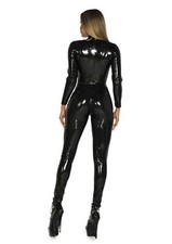 Damen Glanz Jumpsuit Reißverschluß Highcollar Wetlook Lack Optik Catsuit Overall