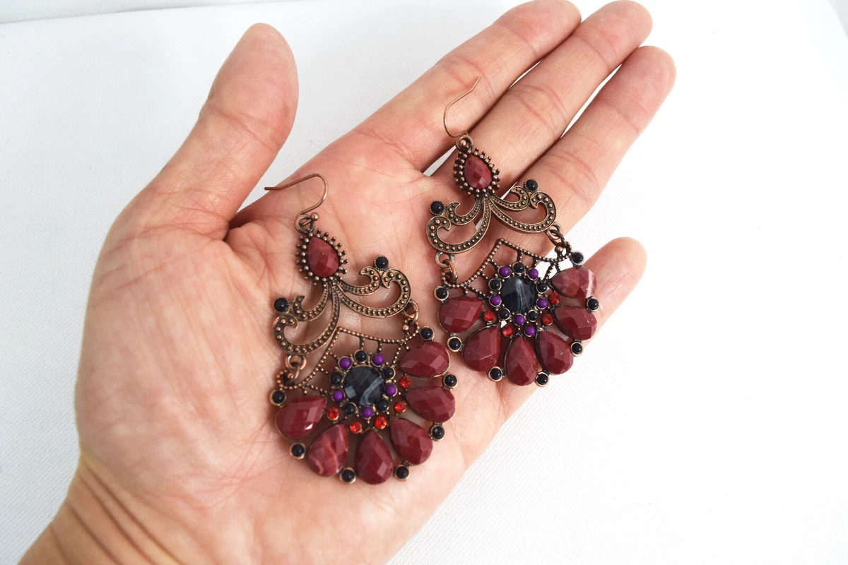 Bohemain Festival Maroon chandelier Dangle Earrings - Ethnic Ornate Drops  Earrin