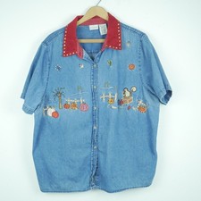 Vintage 18 W Top Chambray Embroidered Fall Pumpkins Grannycore Cottagecore