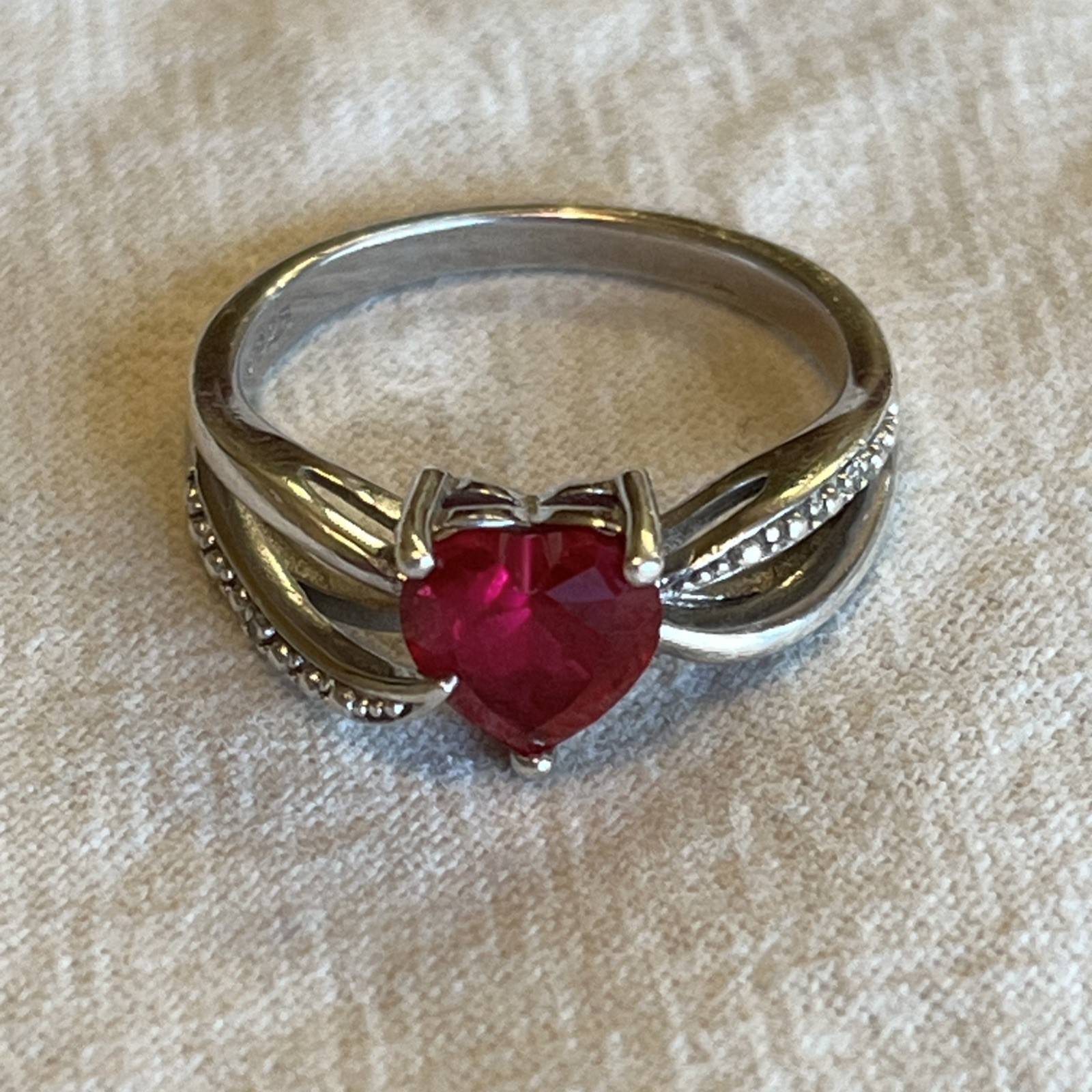 Sterling Silver Heart-Shaped Created Ruby & Diamo… - image 1