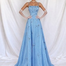 Vintage Y2K Blue Floral Beaded Flared Tulle Lined Formal Maxi Prom Dress Size M