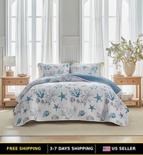 Reversible 3 Piece King Size Coastal Quilt Set - Microfiber Ocean Design