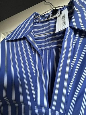 Karen Millen Cotton Blue And White Stripe Midi Dress Sz 14 - Image 1 of 4