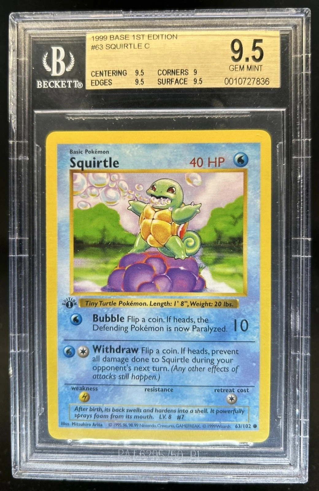 1999 Pokemon 1st Edition Squirtle #63/102 BGS 9.5 GEM MINT