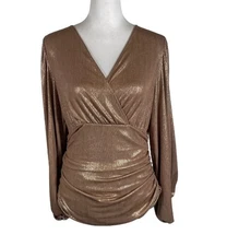 Express Blouse Top Women Medium Brown Metallic Ruched Front Wrap V Neck Pullover