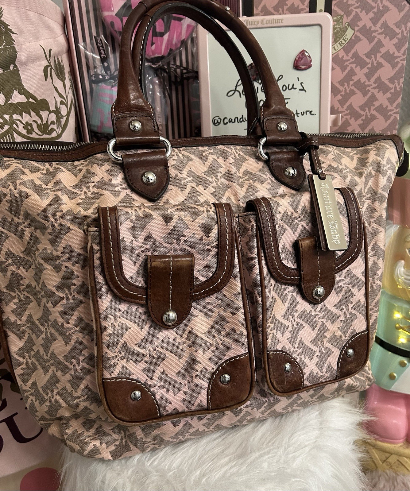 Vintage Juicy Couture Pink Scottie Dog Monogram Brown Leather Couture Baby Bag