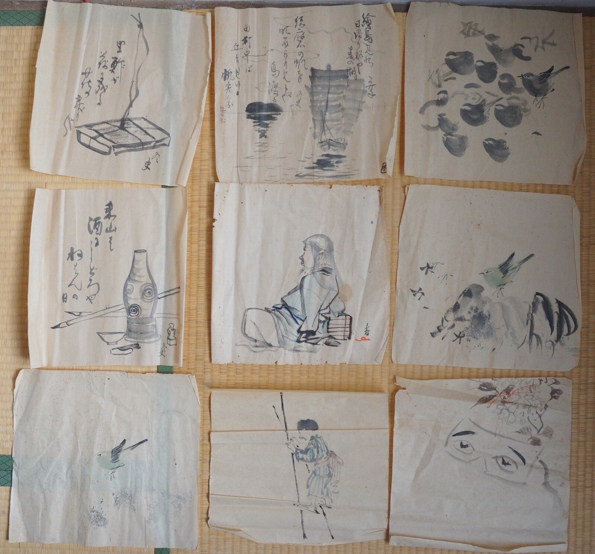 Japanese ink drawings collection x9 vintage hand paintings from