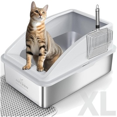 High-Sided XL Cat Litter Box | Stainless Steel Mat & Scoop