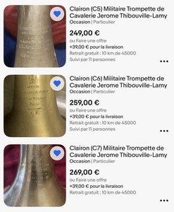 3 Clairons (C11) Trompette de Cavalerie Jerome Thibouville-Lamy avec embouchures