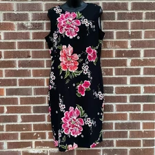 Olivia Matthews Sheath Dress Womens Sz L Black Red Floral Sleeveless Bodycon