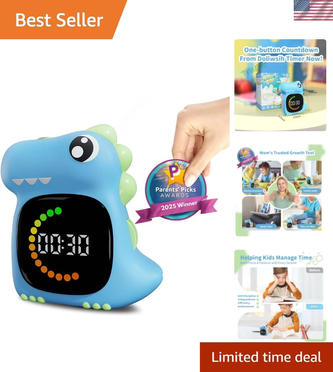 Visual Timer for Kids Light Blue Dinasuor Kids Timer Visual Led Rechargeable ...