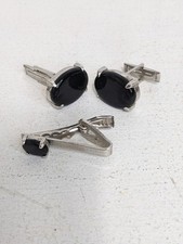 Vintage Onyx Silver Tone Cuff Links Bar Tie Clasp Clip Set Gently Used, Nice
