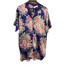 VTG Solange Women Size 14-16 Floral Satin Lace S/S Buttons Sleep Shirt Nightgown