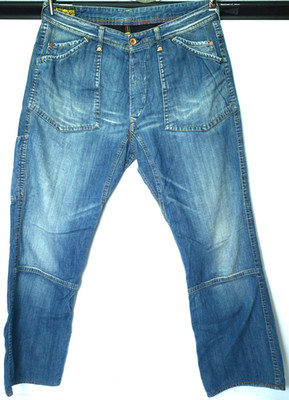 Vintage Evisu EU-ED Carpenter Blue Jeans Cinch Back Distressed Leather Patch