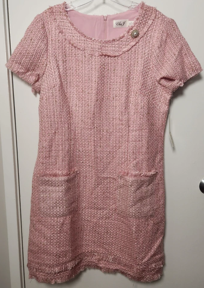 Vestido Eliza J Rosa Tweed Nuevo con Etiquetas Bolsillos Flecos Perla Estrás Broche Botón Talla 12 Foto 3 de 4