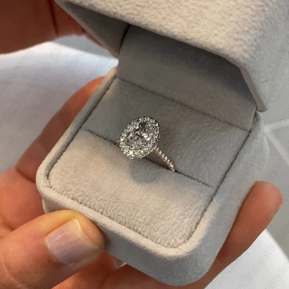 2.24 克拉椭圆形切割莫桑石光环婚礼订婚戒指纯色 14K 双色金色 — 第 4/4 张图片