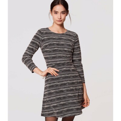 Ann Taylor LOFT Black/White Spacedye Tweed Stripe Flare Dress 3/4 Sleeve Sz  0 | eBay