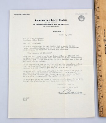 Vintage Letterhead 1935 Levinson's Loan Bank Diamond Brokers Chicago