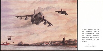 Moderne Postkarte: SEA HARRIER FRS 1 über PORT STANLEY, 1982 - Künstlerwichtel