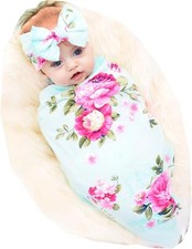 Galabloomer Newborn Receiving Blanket Headband Set Baby Flower Swaddle Green