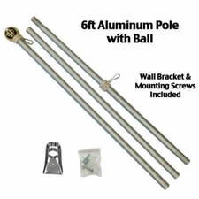 6 Ft FLAG POLE w Gold Ball Top Wall Mount Bracket - Silver Aluminum 