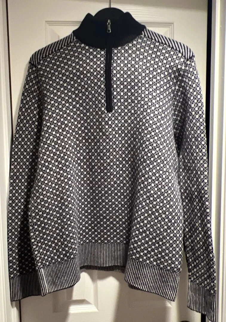 Brooks Bros Mens XL Navy Blue Print Merino 1/4 Zip Pullover Sweater Pro Cleaned
