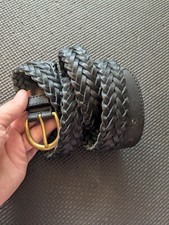 vintage black woven braided belt brass buckle 52" large XL