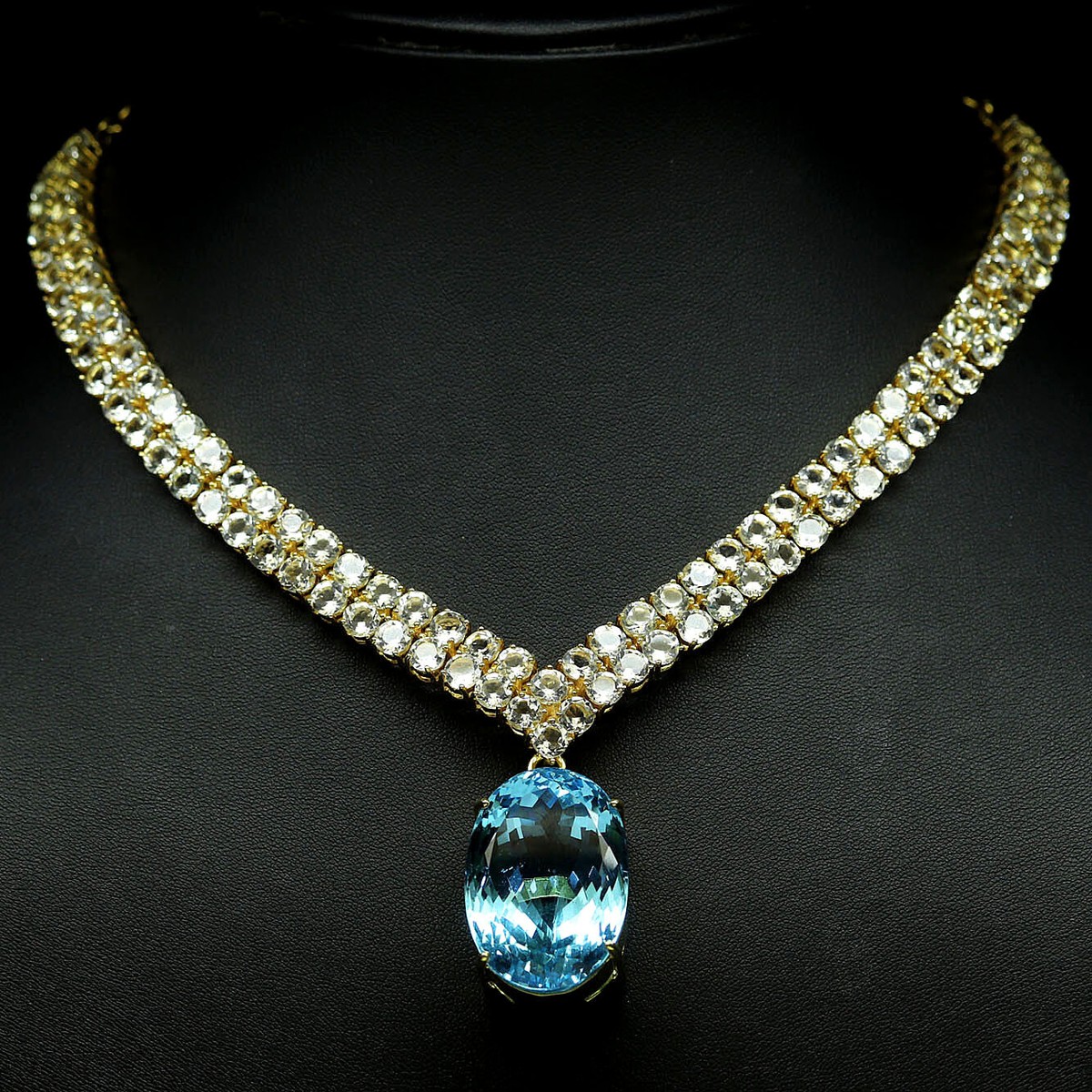 925 Sterling Silver 22 x 32mm. Swiss Blue Topaz & Zircon Necklace