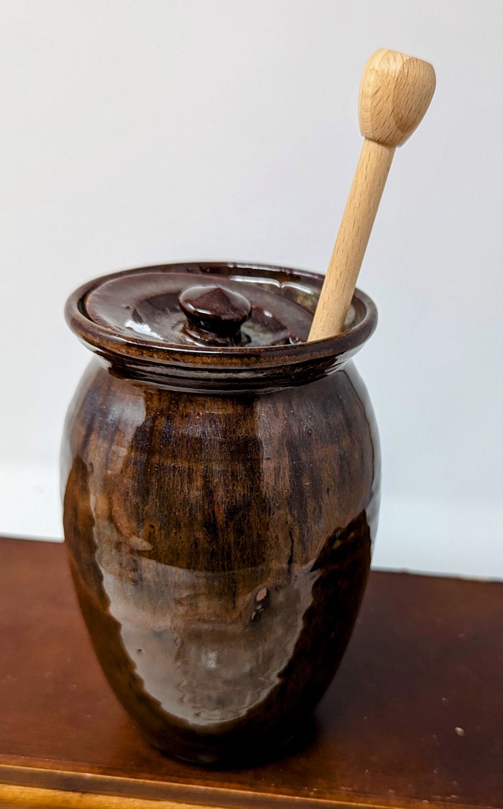 Owens Original Pottery salt glazed Honey Jar, Lid and Dipper, 1980s Seagrove NC.