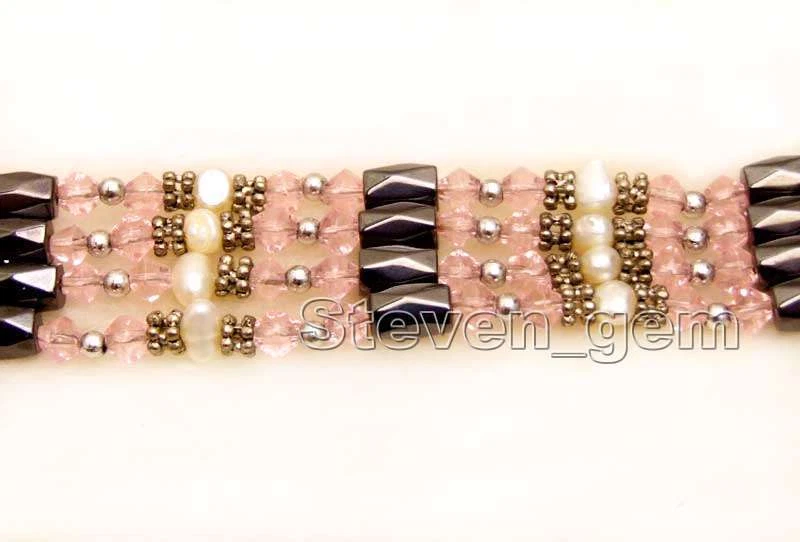 Brazalete de perlas blancas naturales barrocas de 4-5 mm para mujer cristal rosa hematita 36"" Foto 3 de 4