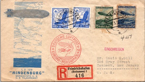 1936 Hindenburg LZ 129 Airship Deutsche Luftpost Cover Germany to USA Registered