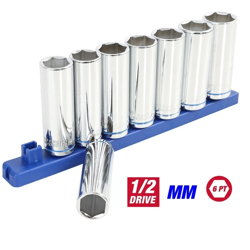 9-Piece Metric Deep Sockets Set Drive 12pt Chrome Vanadium Steel W/ Rail New - Image 2 of 4