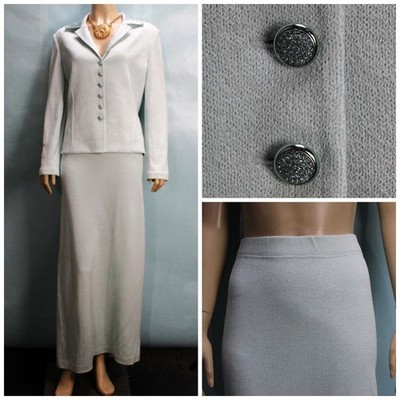 St. John Evening Light Aqua New Jacket Skirt XL 14 16 2pc Suit Silk Trim Buttons