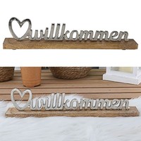 Schriftzug Willkommen Aufsteller 41X9X5 Mangoholz Aluminium Deko Tischdeko