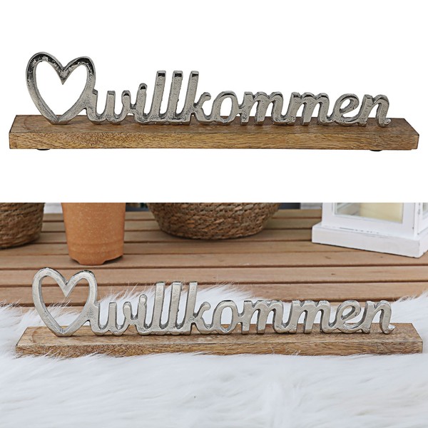 Schriftzug Willkommen Aufsteller 41X9X5 Mangoholz Aluminium Deko Tischdeko-image