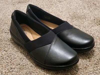 Womens Clarks Black Leather Slip On Comfort Flats Loafers Shoes 7 W