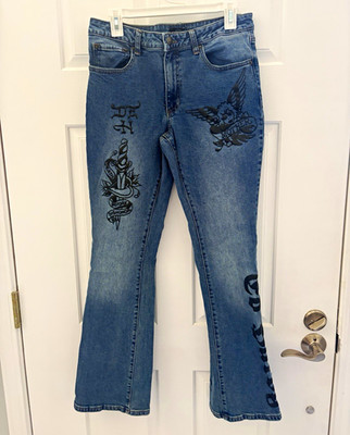 Ed Hardy Women s Straight Jeans Blue Denim Tattoo Logo 5-Pocket Button Zip XL